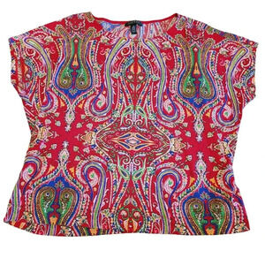 Lauren Ralph Lauren Blouse Top Women's 2X Red Cotton Paisley Short Cap Sleeves